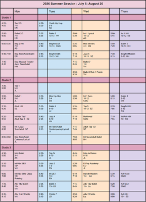 Dance studio schedule calendar for 2026 Summer Session (July 6–August 20), showing classes by day (Mon–Thu) and studio (1–3) with times and course codes/levels in colored cells.