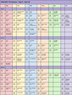 Calendar: 2026-2027 Fall Session, Sept 8–Apr 25, color-coded class blocks by studio and day across the week.",
