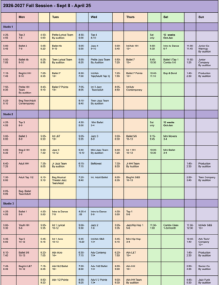 Fall 2026–Spring 2027 class schedule grid by studio and day (Mon–Sun), showing times and session names from Sept 8 to Apr 25 (color-coded).